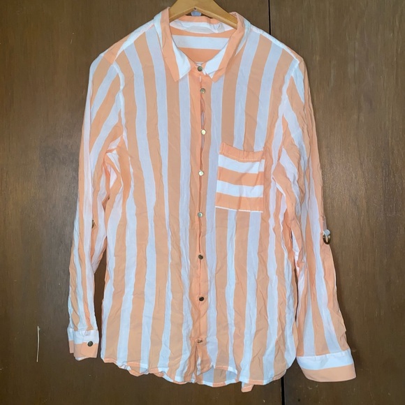 Soft Surroundings Peach and White Striped Button Down Shirt - Picture 1 of 2